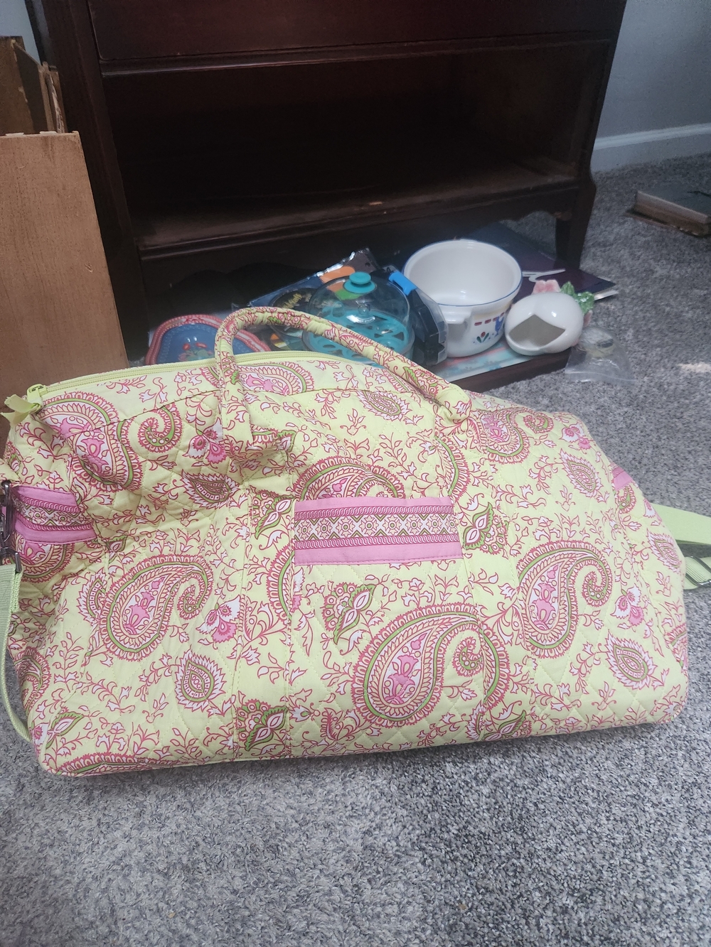Quilted Paisley Travel Duffel Bag And Cosmetic Bag - Pink and Yellow